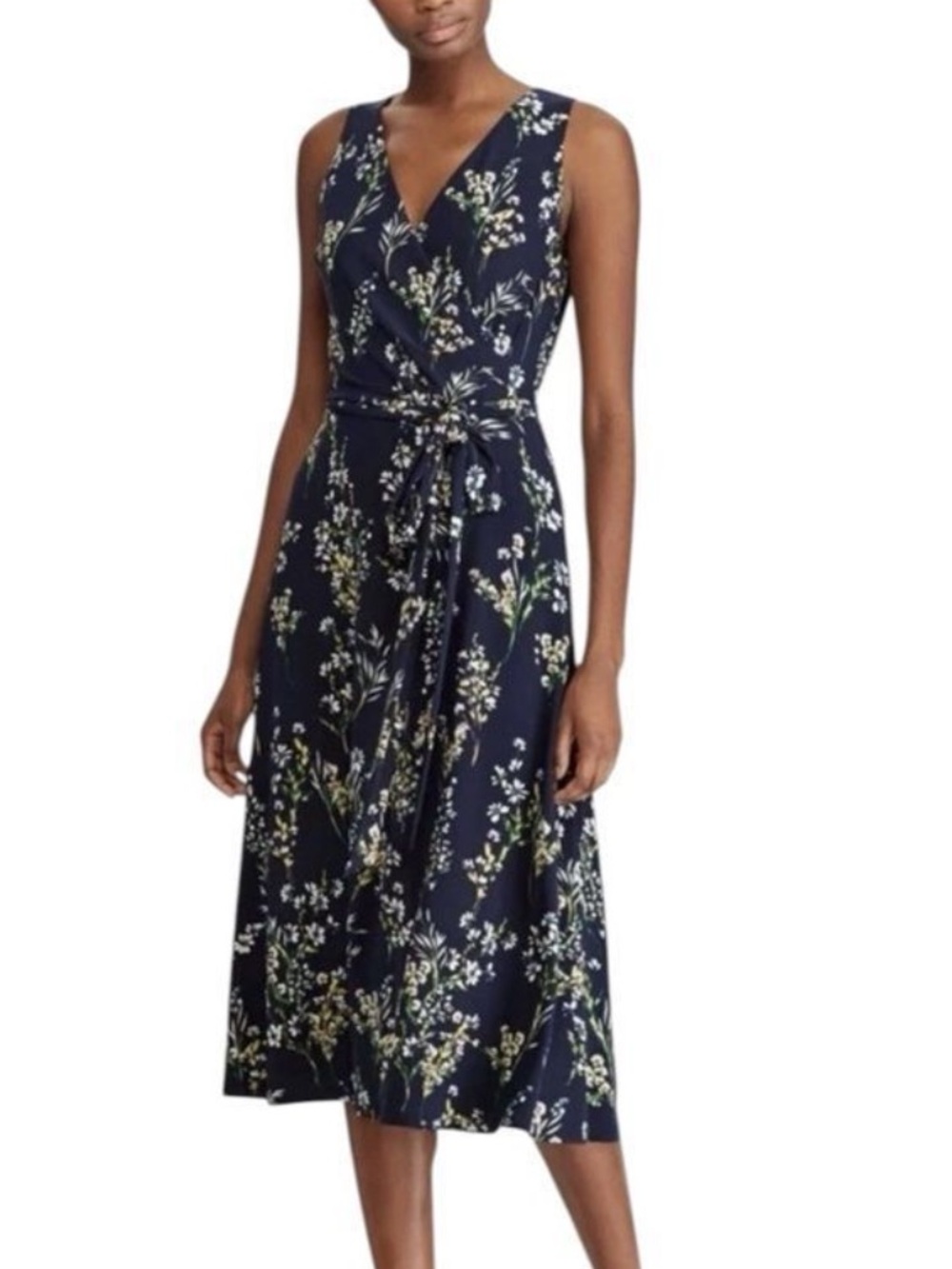 Lauren - Ralph Lauren Sleeveless Navy Floral Wrap Midi Dress